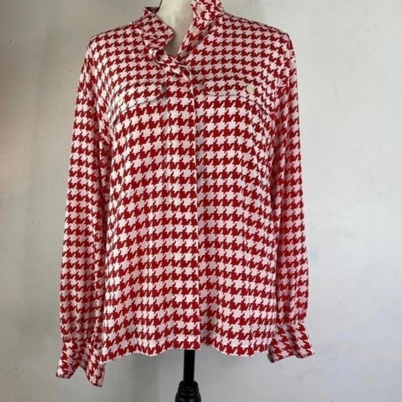 Liz Claiborne Vintage Houndstooth Red White Button Down Blouse Size 10 - Picture 3 of 5